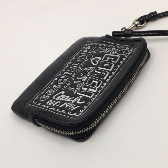 Coach Poppy Black Patent Leather Square Wristlet with Metallic Silver Lettering - Picture 15 of 16